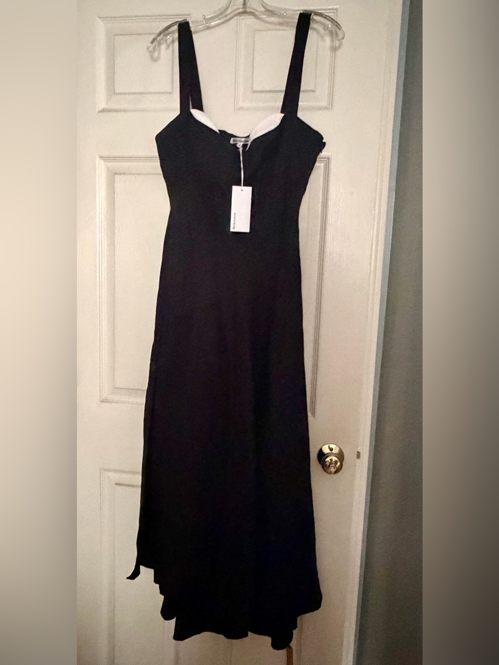 Bekki Linen Dress | Reformation Black High-Low Slip Dress with Side Slit - Picture 5 of 10